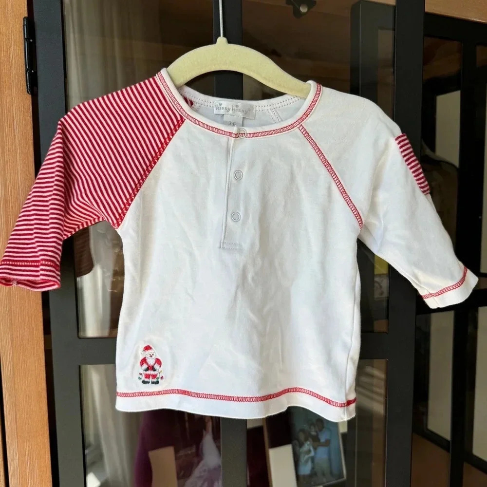 Kissy Kissy santa long sleeve tee pima embroidered baby boy striped henley top
